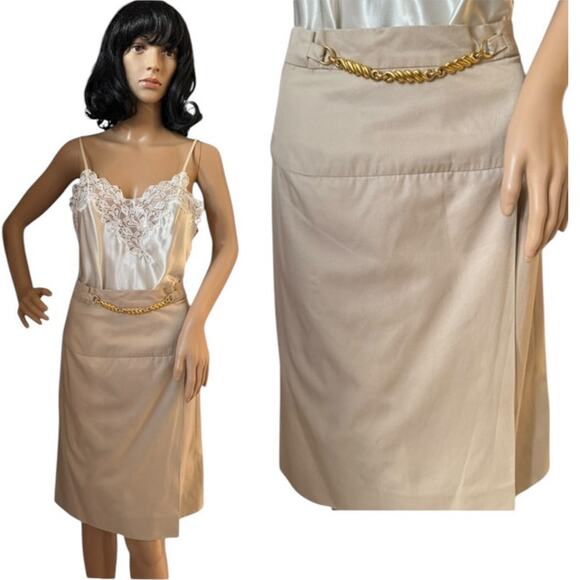 Celine Paris Khaki pencil skirt with gold embellishments size 36 small - Picture 1 of 16